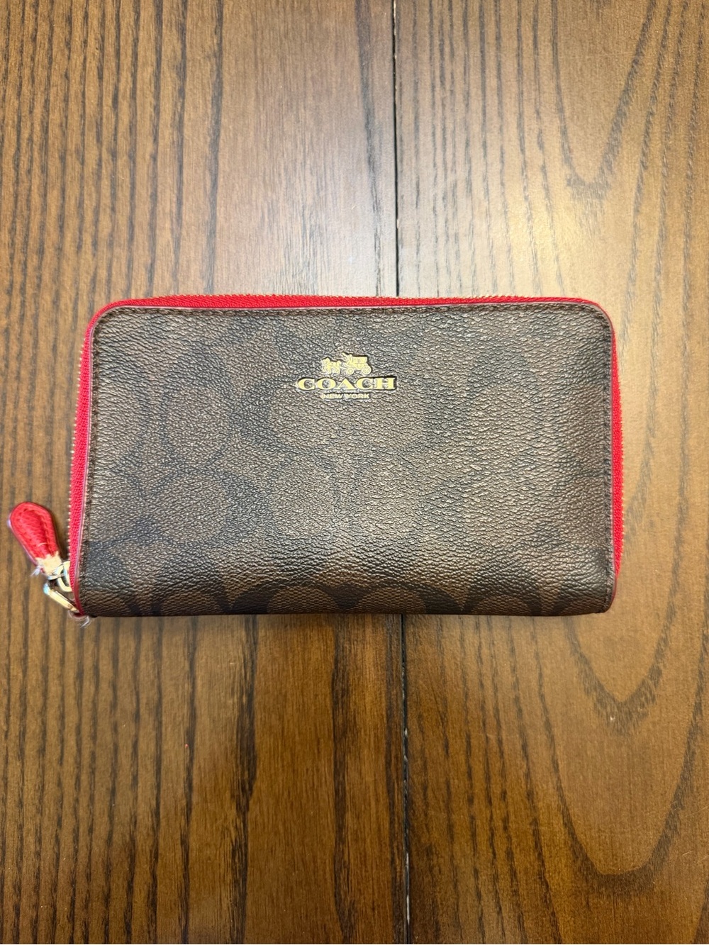 Coach Brown Signature Zip Card Holder with Red Trim